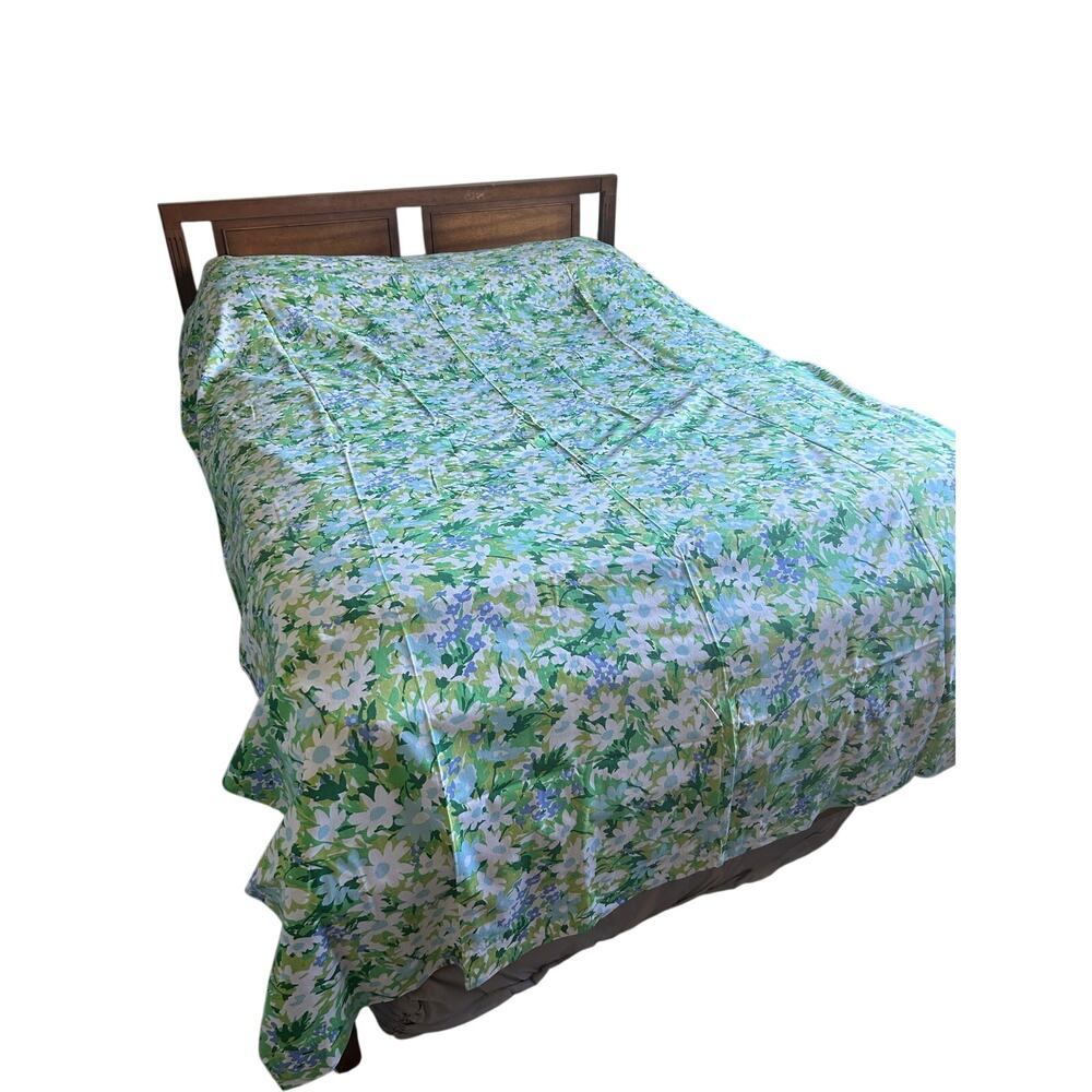 Vintage Mohawk green blue floral flat sheet retro daisy pattern MOD fabric twin
